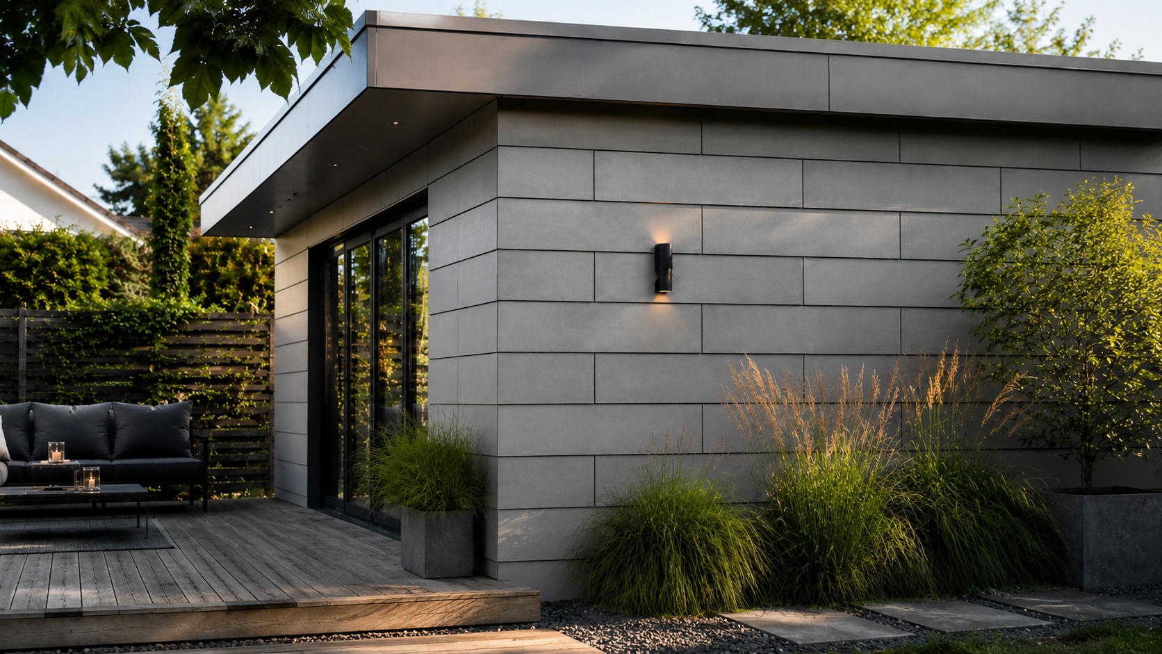 Eine moderne Fassade aus grauen HPL-Platten verkleidet ein Gartenhaus.