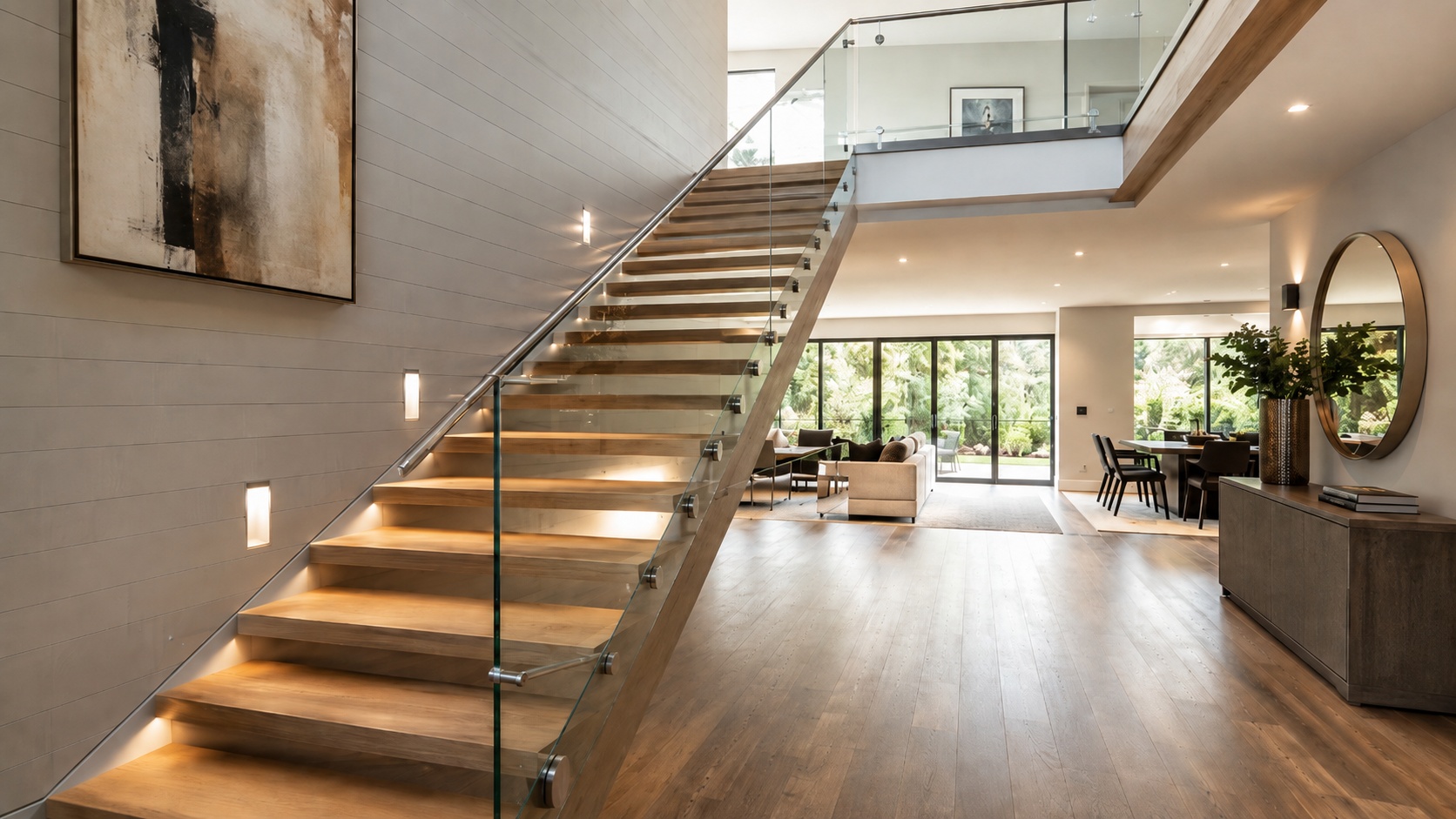 Ein Treppengeländer aus Sicherheitsglas sichert eine offene Holztreppe im modernen Wohnraum.