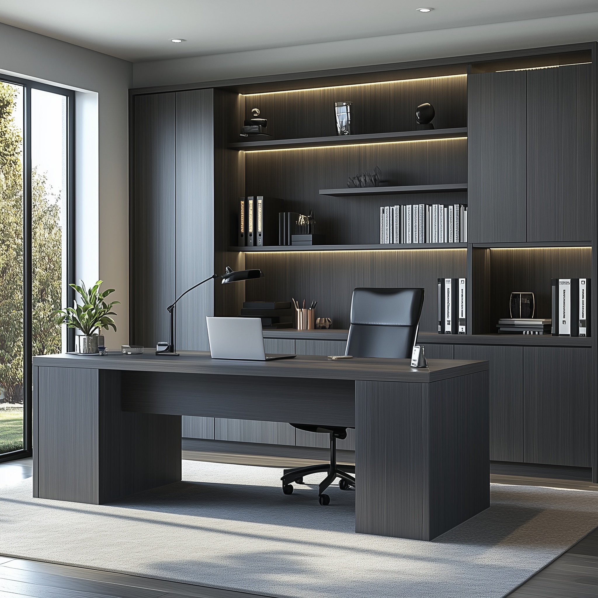 Arbeitszimmer aus dunkelbraunen Dekorplatten mit Laserkanten.