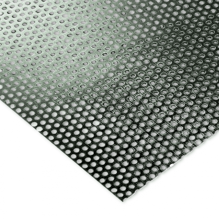Aluminium-Lochblech Rv 1-2 mit feinen runden Öffnungen, schräg fotografiert.