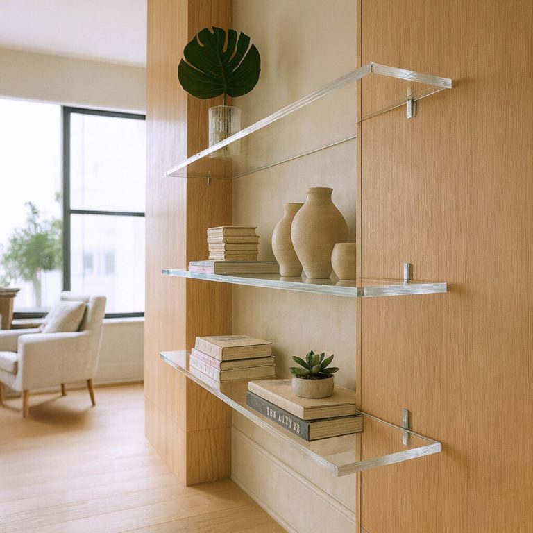 Wandregale aus klarem Acrylglas mit Dekoration in modernem Wohnzimmer.