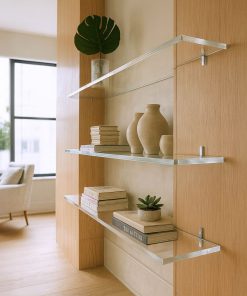 Wandregale aus klarem Acrylglas mit Dekoration in modernem Wohnzimmer.