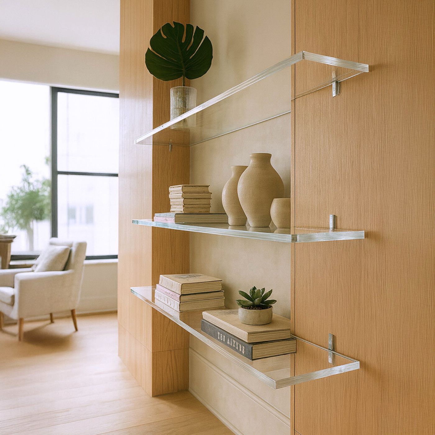 Wandregale aus klarem Acrylglas mit Dekoration in modernem Wohnzimmer.