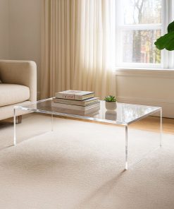 Couchtisch aus transparentem Acrylglas mit Büchern und Pflanze im Wohnzimmer.