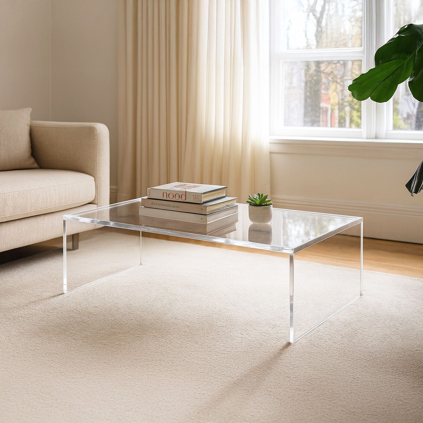 Couchtisch aus transparentem Acrylglas mit Büchern und Pflanze im Wohnzimmer.