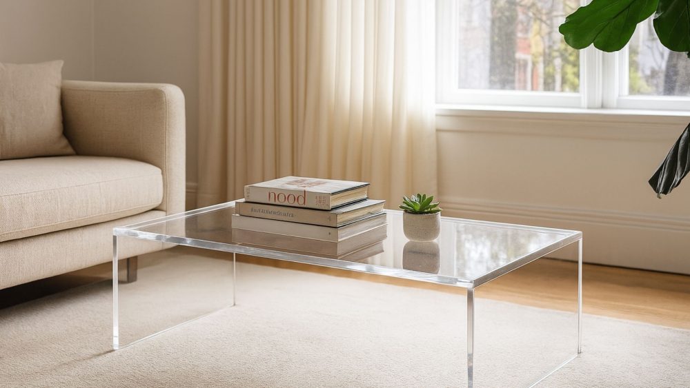 Couchtisch aus transparentem Acrylglas mit Büchern und Pflanze im Wohnzimmer.