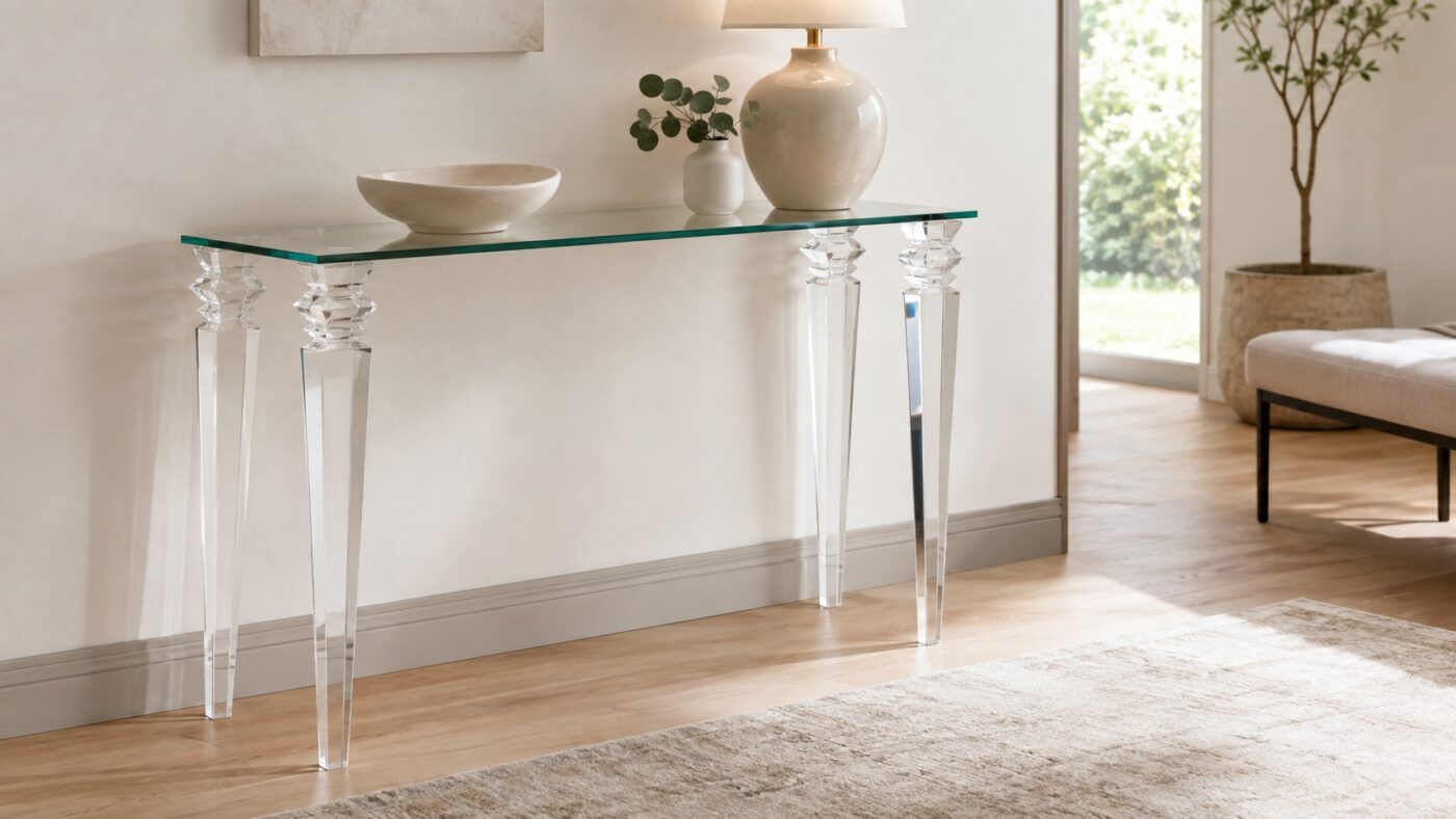 Een smalle console tafel met een tafelblad van acrylglas en vier transparante, facetteerde poten staat tegen een lichte muur.