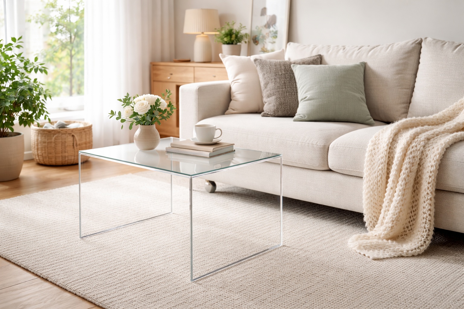 Ein weißfarbiger Beistelltisch aus Acrylglas steht neben einem Sofa im Wohnraum.