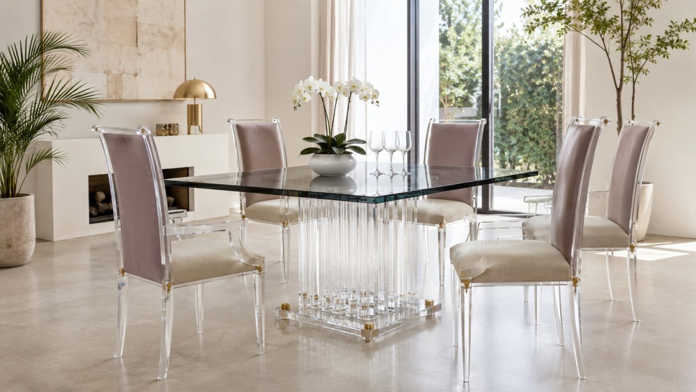 Een eettafel met een tafelblad van acrylglas en een transparante zuilvoet staat tussen vijf gestoffeerde stoelen.