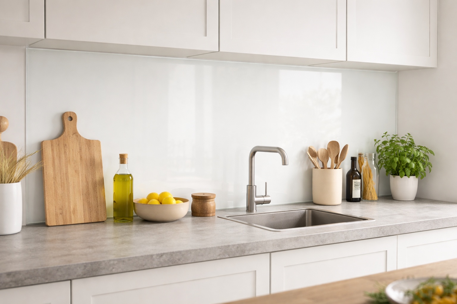 Eine transparente Acrylglas-Rückwand schützt die Küche und lässt den Raum offen wirken.