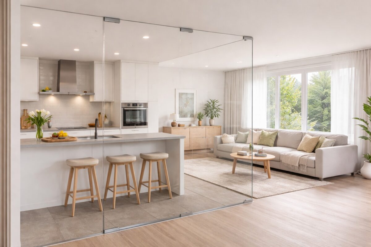 Acrylglas schafft einen offenen Übergang zwischen Küche und Wohnraum.