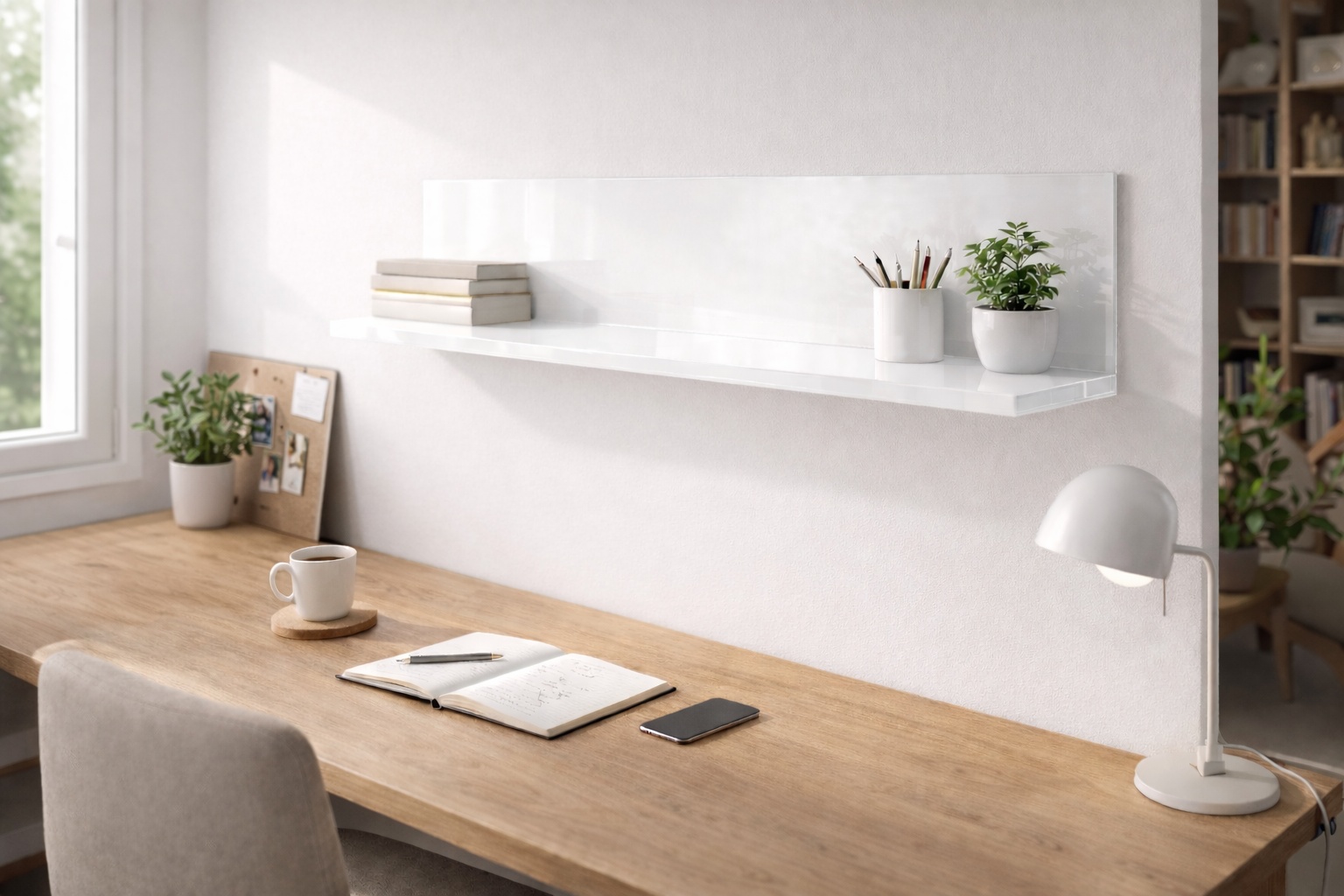Eine weißfarbige Acrylglas-Wandablage hängt über einem Schreibtisch in einem ruhigen Arbeitszimmer.