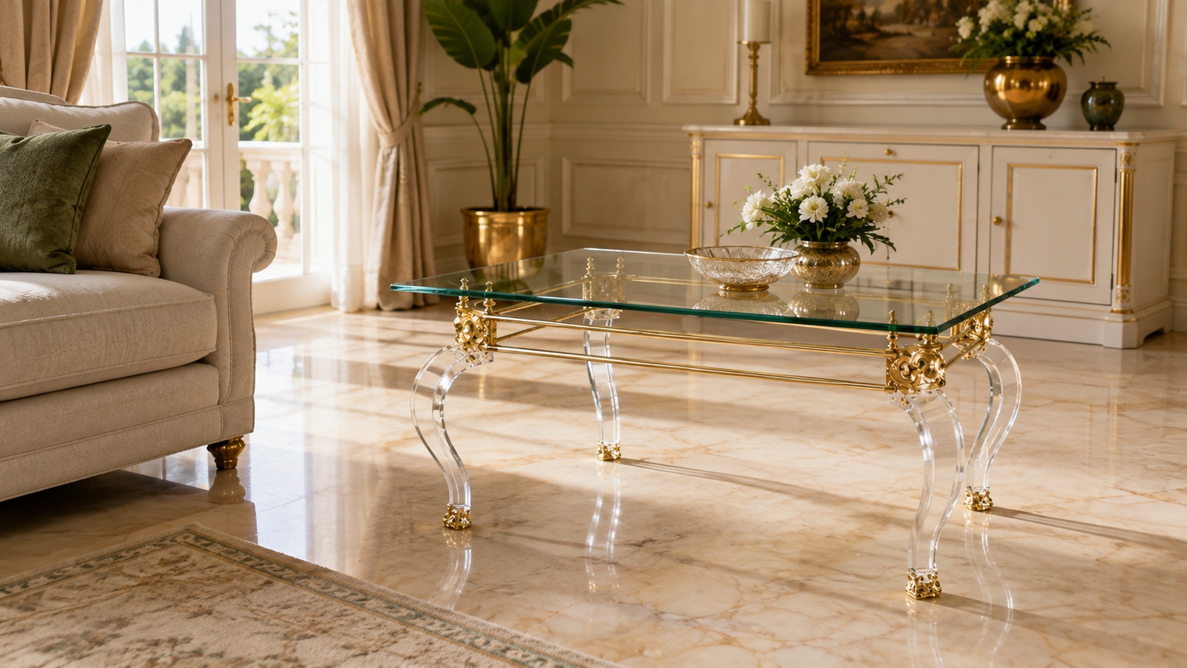 Een woonkamer tafel met een tafelblad van acrylglas en transparante gebogen poten met gouden details staat in een lichte woonkamer.