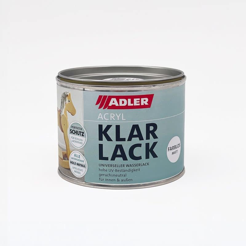 Vorderseite einer Dose ADLER Acryl Klarlack für Innen- und Außenanwendungen.