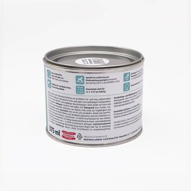 Rückseite einer Dose ADLER Acryl Klarlack für Innen- und Außenanwendungen.