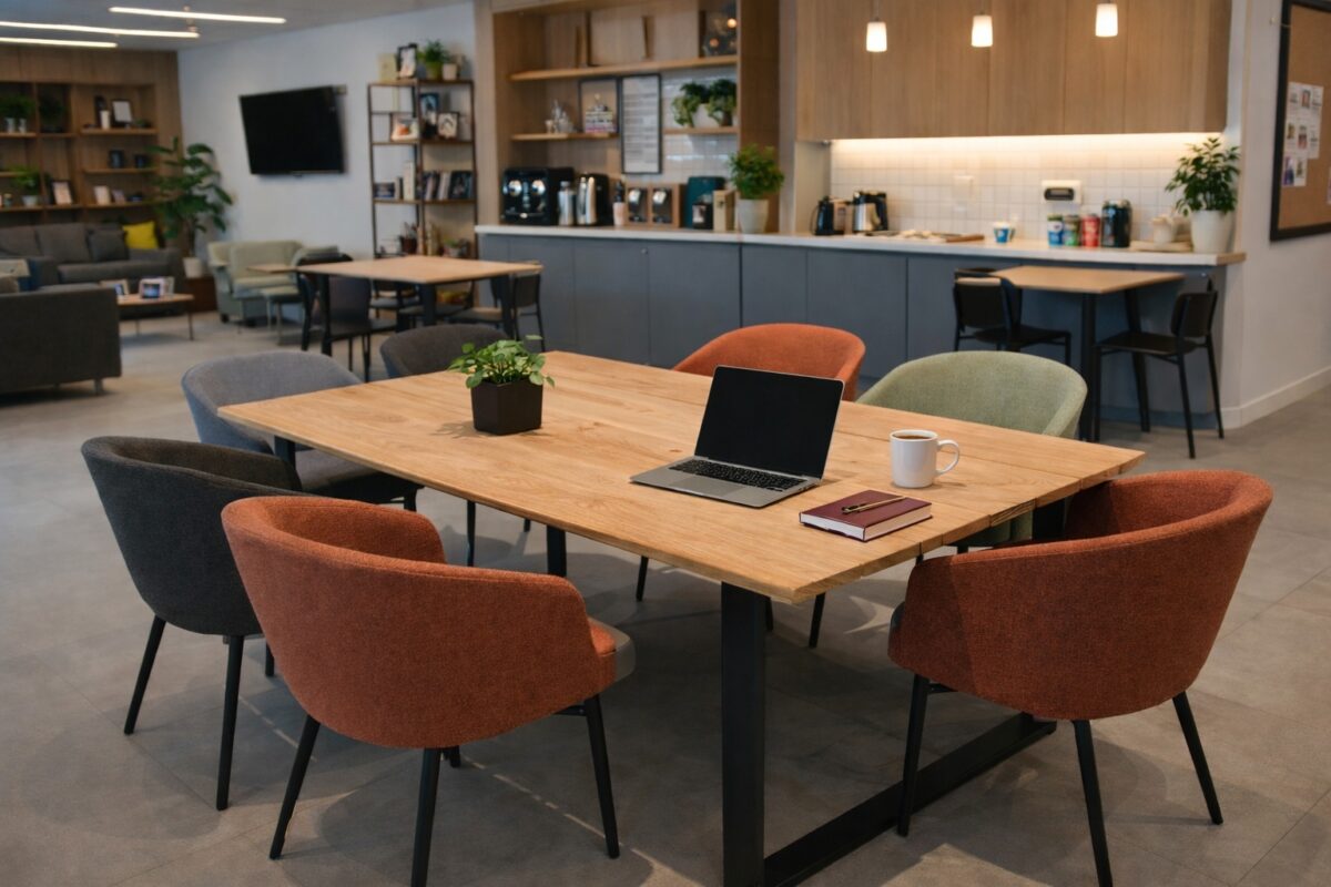 Großer Gemeinschaftstisch aus Altholz-Eiche im Innenraum.