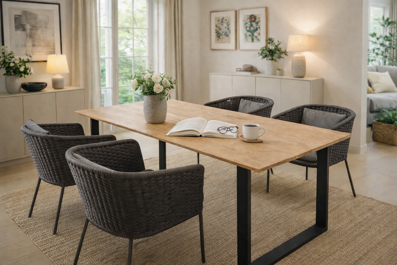 Esstisch aus Altholz-Eiche mit sichtbaren Rissen im Wohnraum.