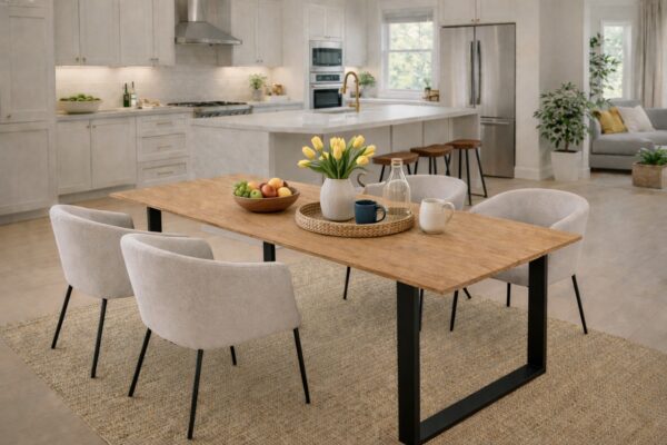 Esstisch aus Altholz-Eiche in offener Küche.