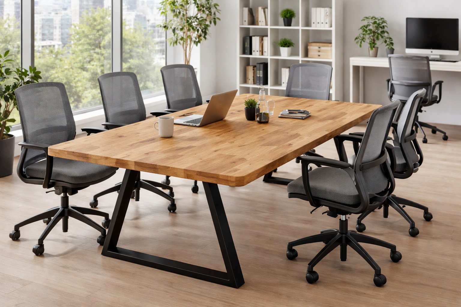 Büroarbeitsplatz mit lamellierter Altholz-Eichenplatte.