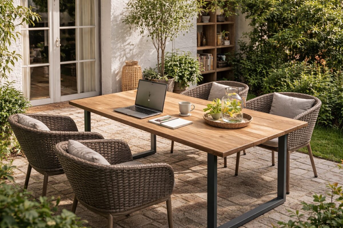 Schreibtisch aus Altholz-Eiche im ruhigen Homeoffice auf einer Terrasse.    