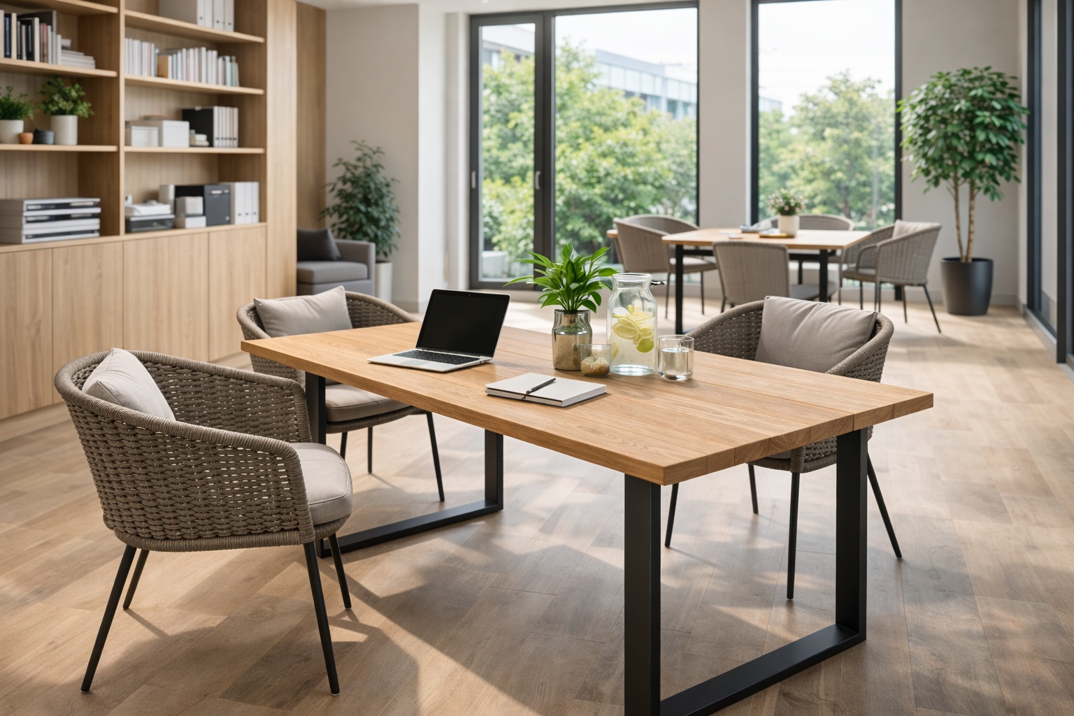 Offener Arbeitsraum mit einem Schreibtisch aus Altholz-Eiche.