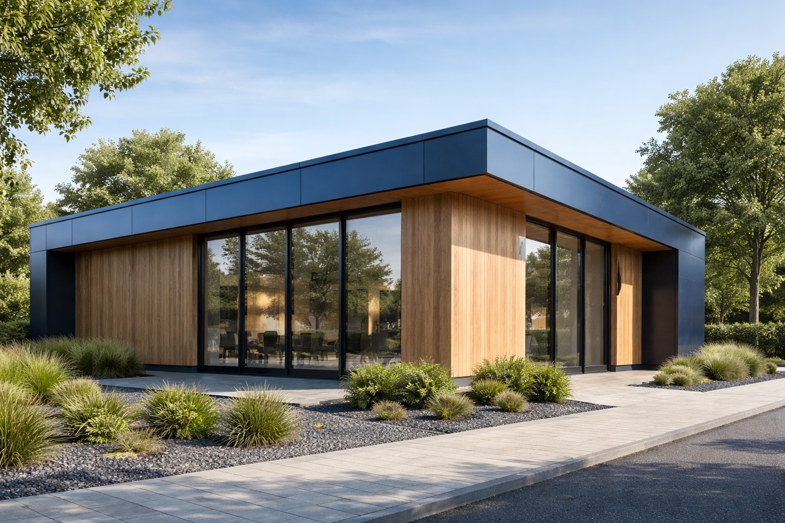 Ein Dachrand aus blaufarbigem Aluminium-Farbblech ist kombiniert mit einer Holzfassade.