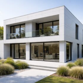 Modernes Wohnhaus mit weißer Aluminiumfassade und klarer Linienführung.