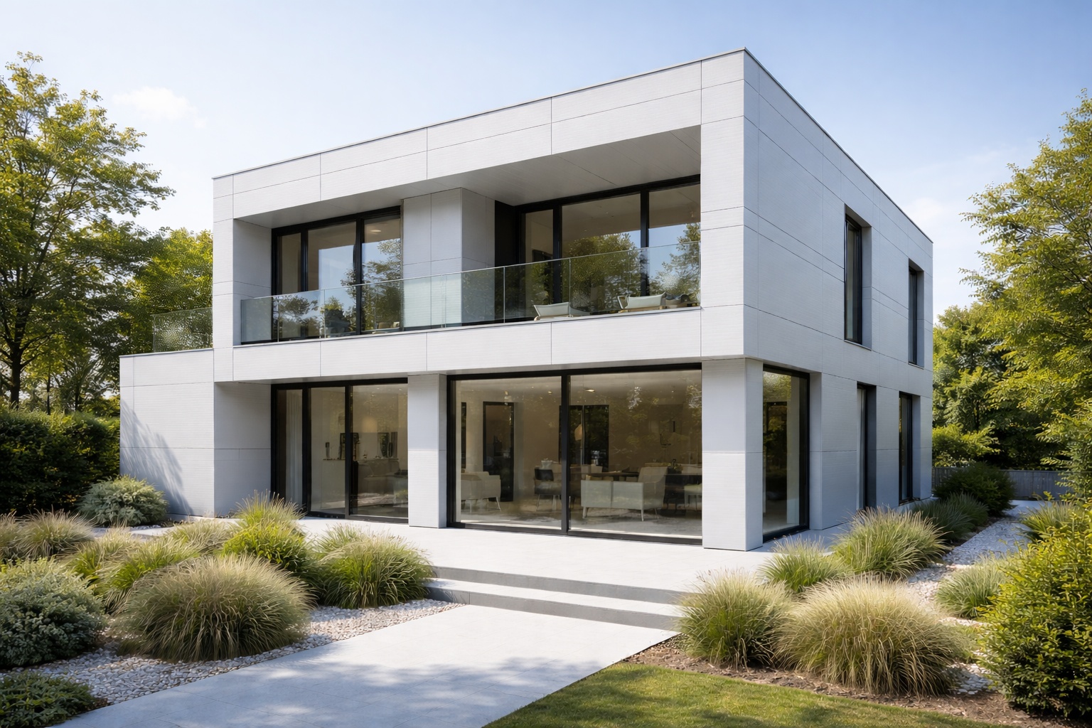 Modernes Wohnhaus mit weißer Aluminiumfassade und klarer Linienführung.