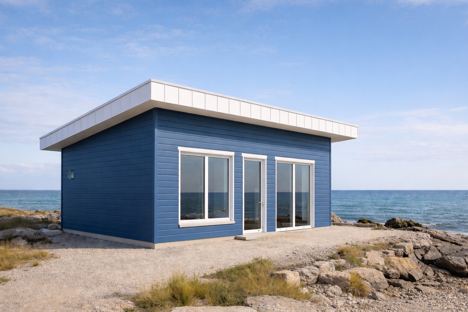 Ein Dachüberstand aus weißem Aluminium-Farbblech in Küstennähe.