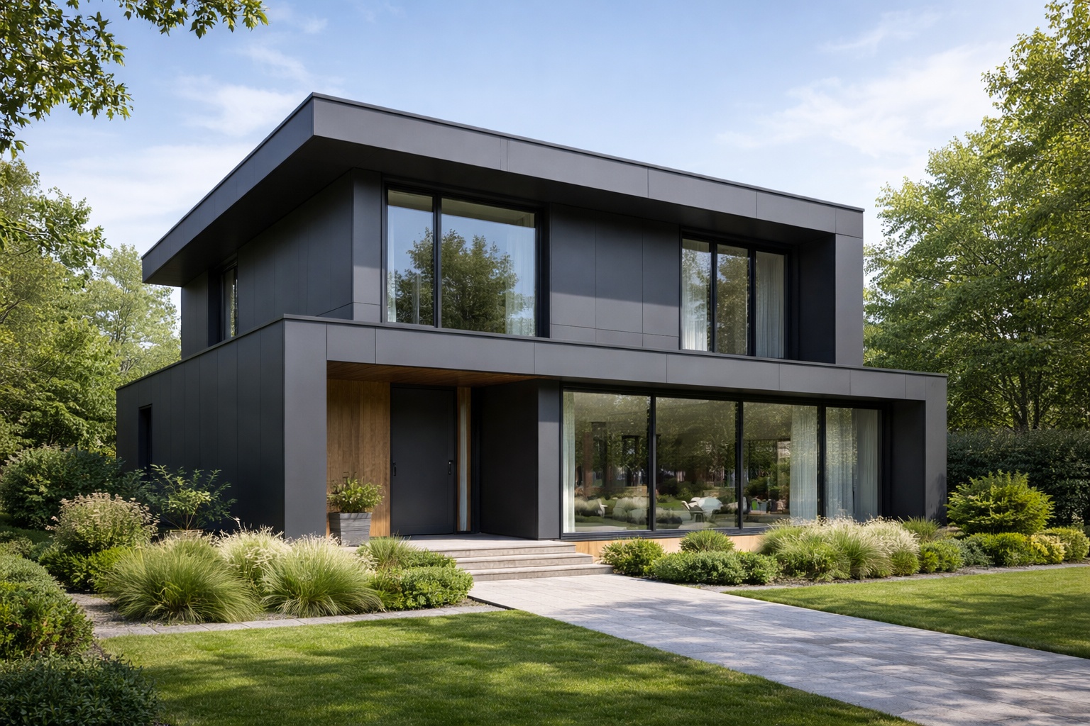 Farbiger Dachüberstand aus schwarzfarbigem Aluminium-Farbblech an modernem Wohnhaus.