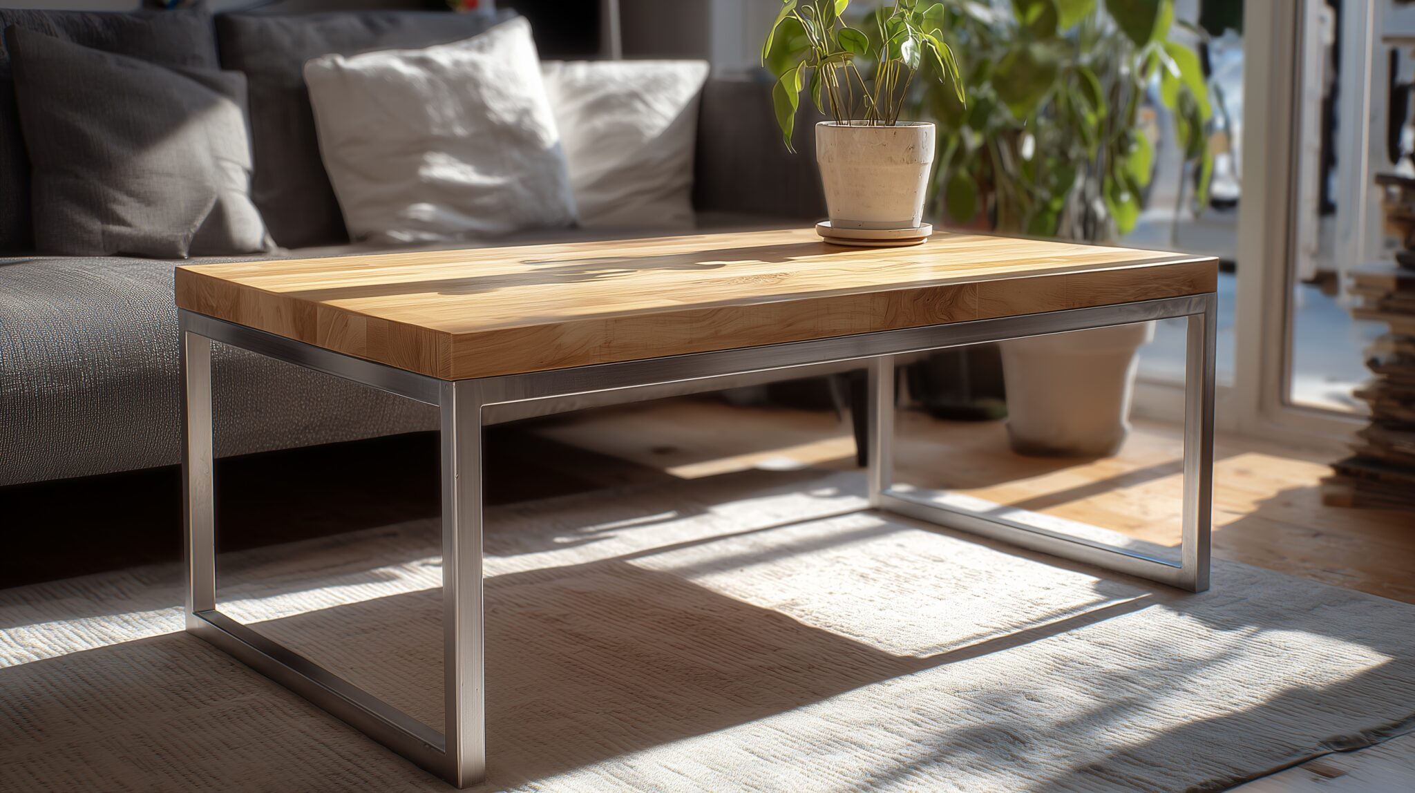 Couchtisch mit Aluminium-Quadratrohren und Holz.