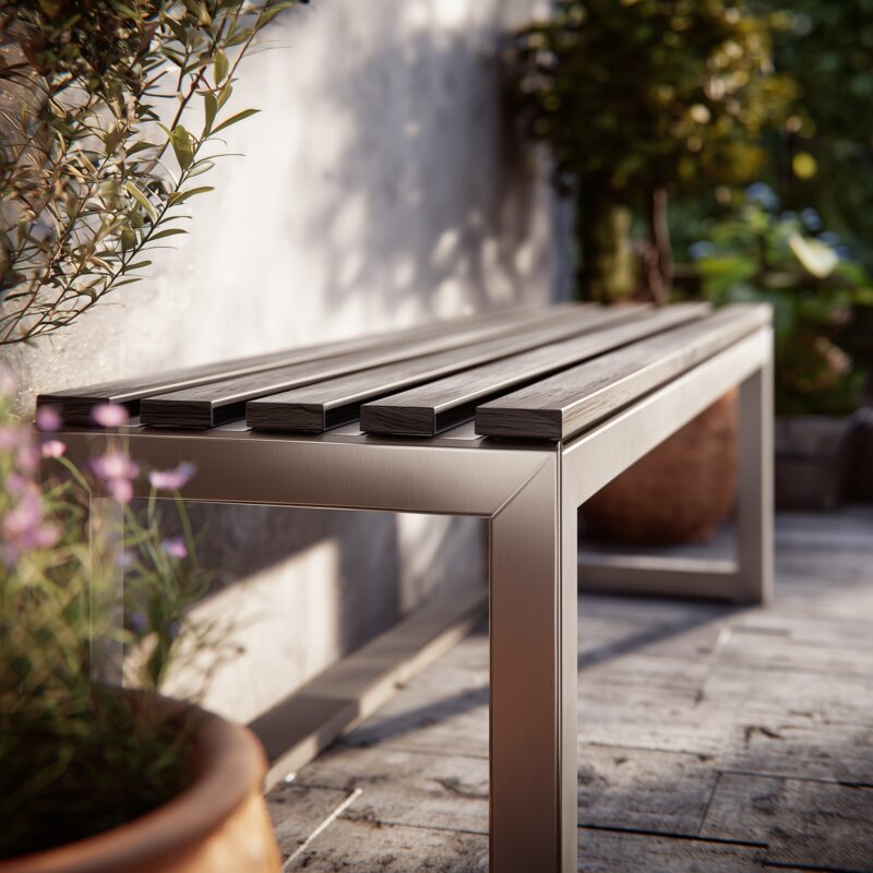 Gartenbank mit Aluminium-Quadratrohren als Gestell.