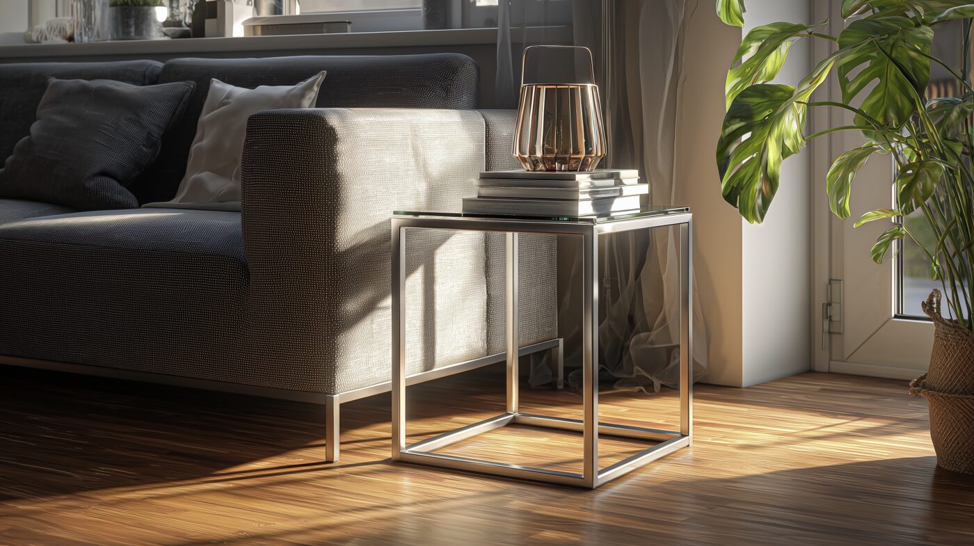 Beistelltisch mit Aluminium-Quadratrohr-Gestell und Glasplatte.