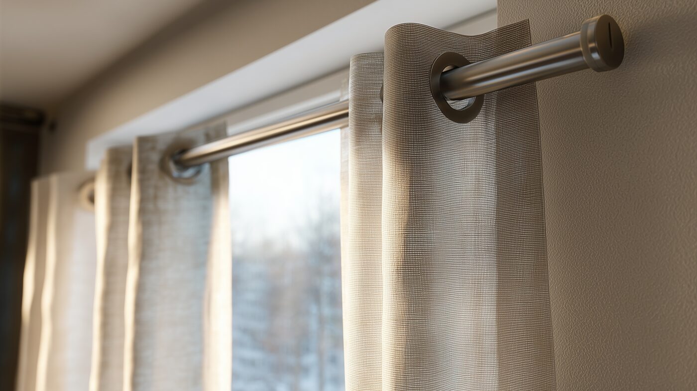 Aluminium-Rundrohr als Gardinenstange mit leichten Vorhängen im Wohnzimmer.