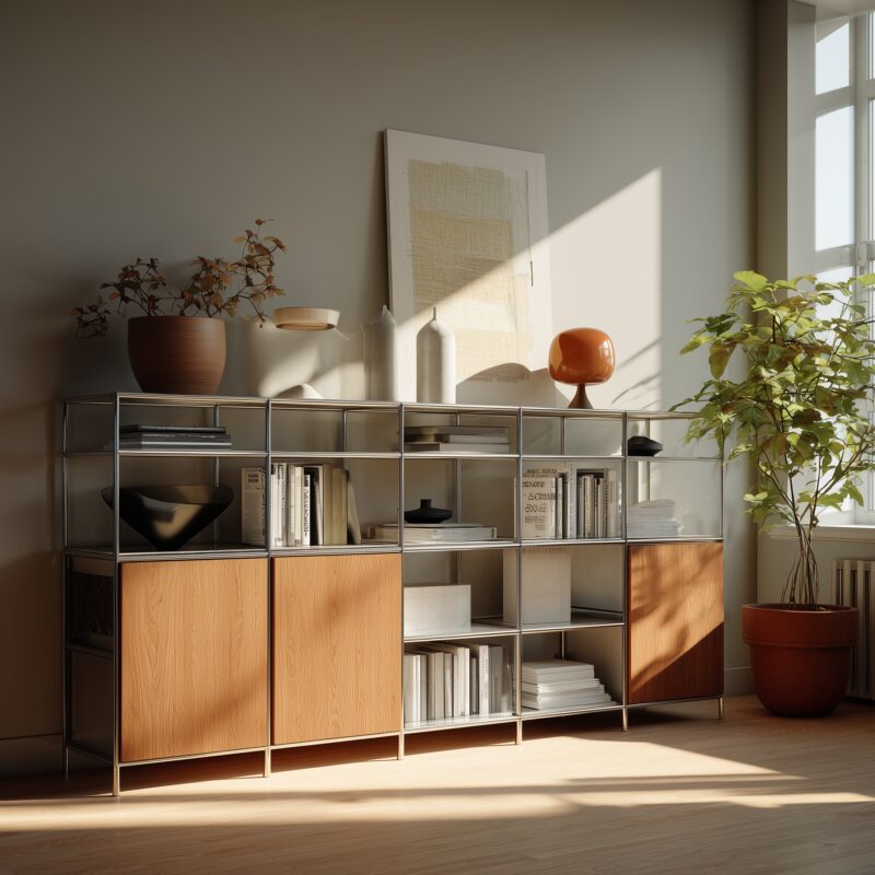 Modernes Sideboard mit stabilem Aluminium-Quadratrohr-Gestell und Holzfronten.
