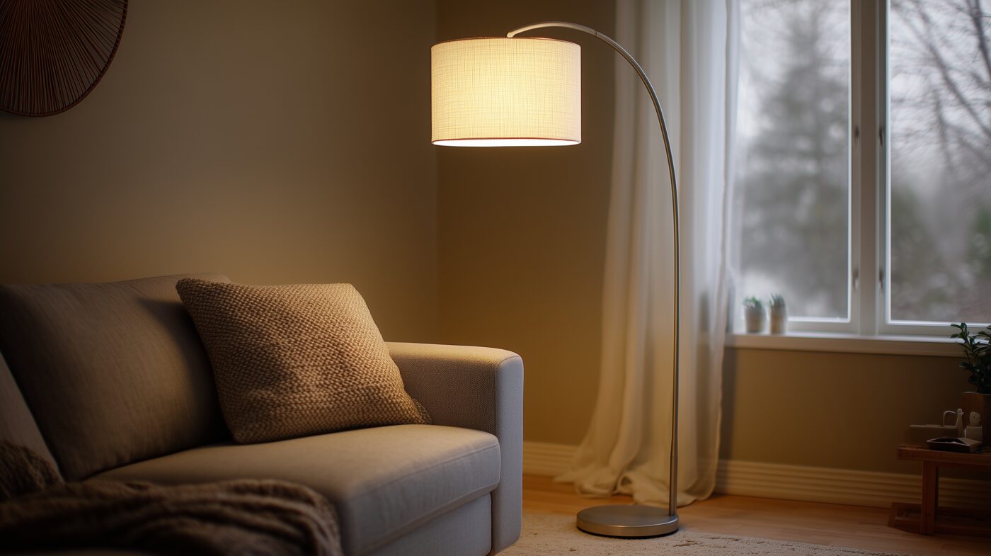 Stehlampe mit Aluminium-Rundrohr-Gestell und schlichter Stofflampe.