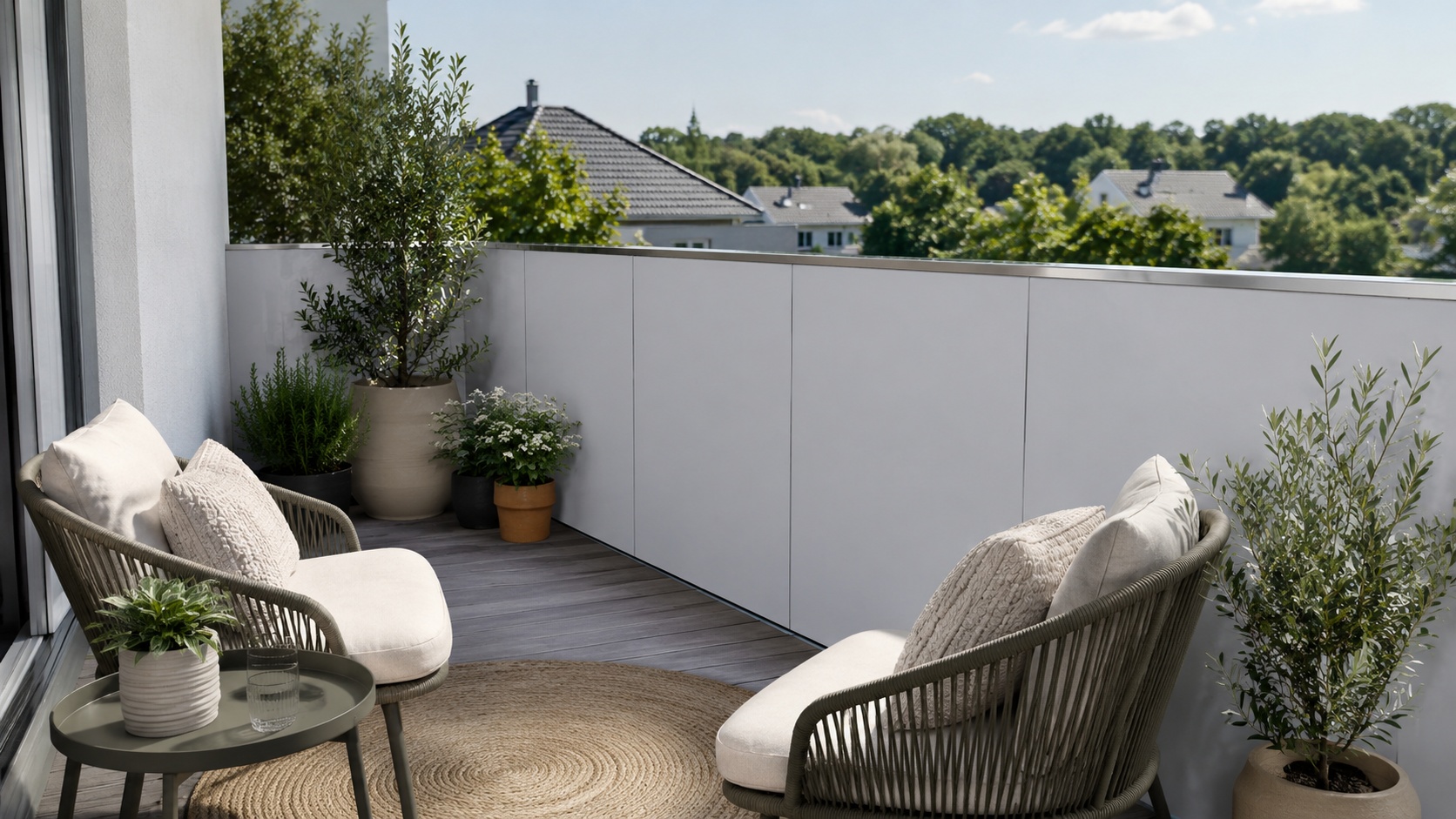 Eine Balkonbrüstung aus weißen Aluminium-Farbblechen rahmt eine moderne Sitzlounge ein.