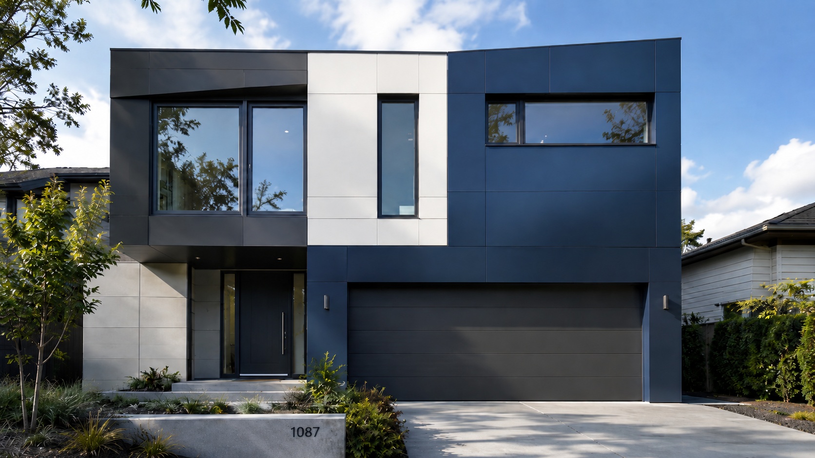 Eine Hausfassade ist mit farbigen Aluminium Farbblechplatten verkleidet.