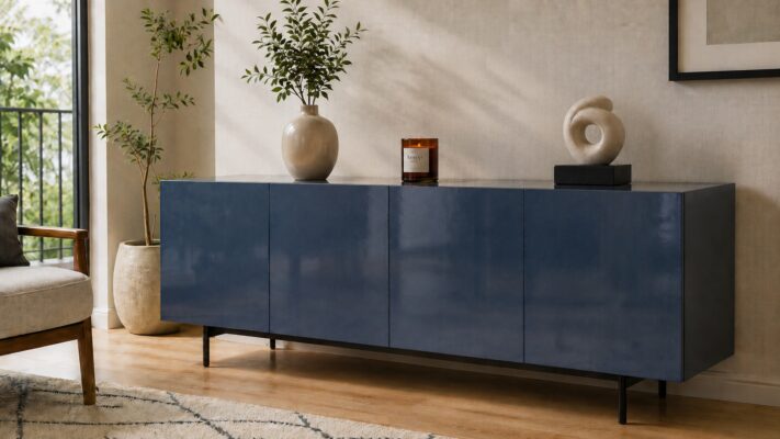 Ein Sideboard hat Fronten aus einem blaufarbigen Aluminium-Farbblech in einem modernen Wohnzimmer.