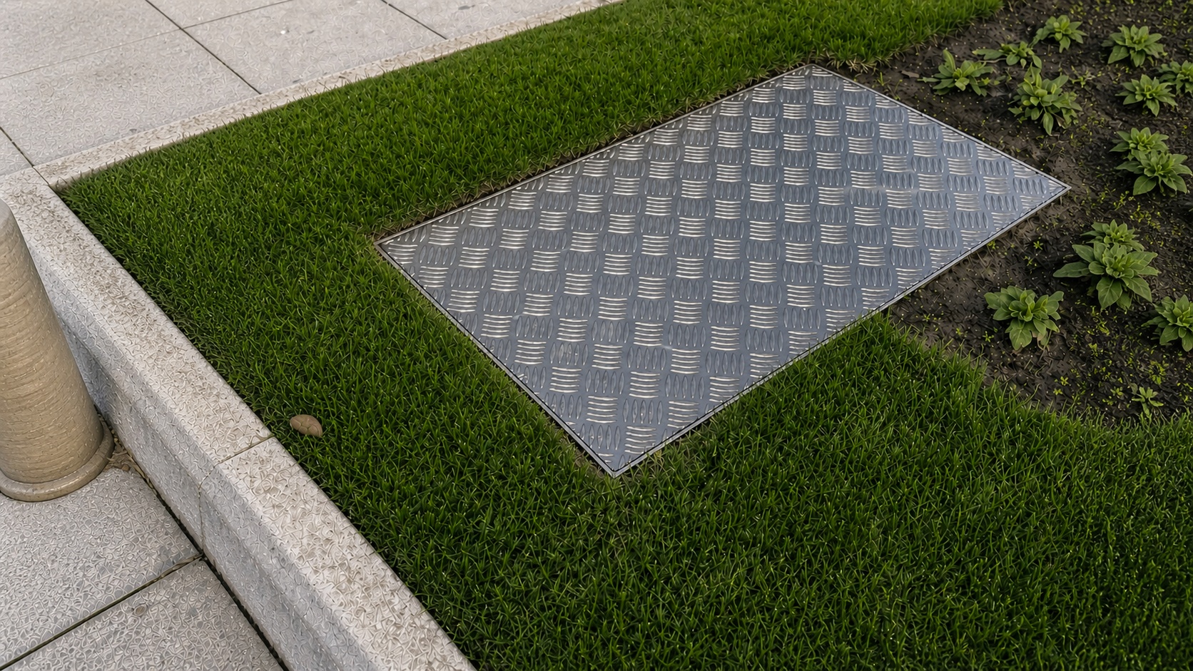 Eine eingelassene Riffelblechplatte aus Aluminium befindet sich mittig in einer Rasenfläche im Garten.