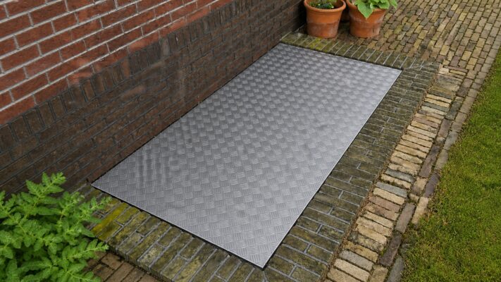 Eine rechteckige Aluminium-Riffelblechplatte liegt passgenau in einem gepflasterten Hofbereich neben einer Backsteinwand.