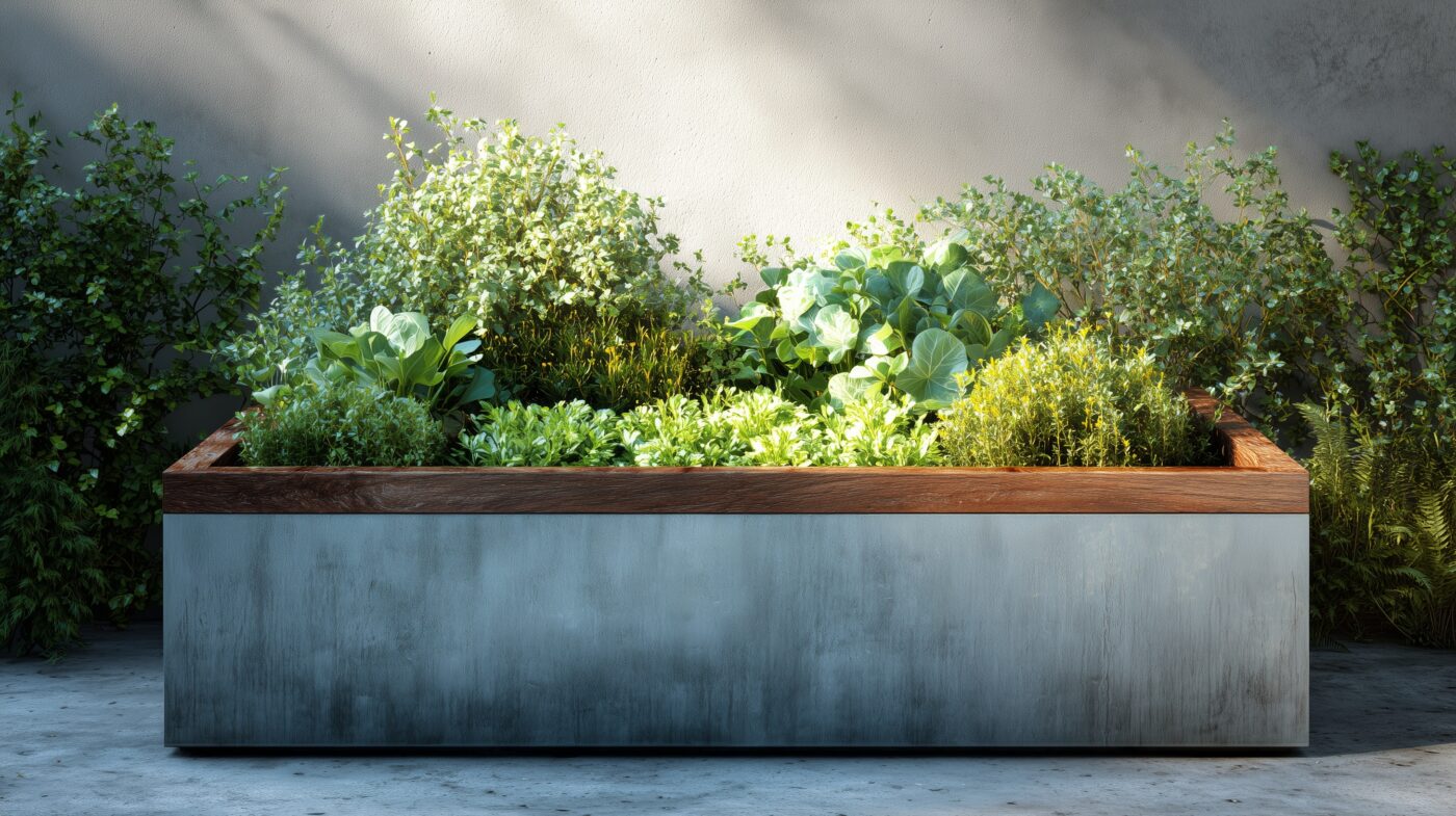Hochbeet mit Verkleidung aus recyceltem Aluminiumblech.