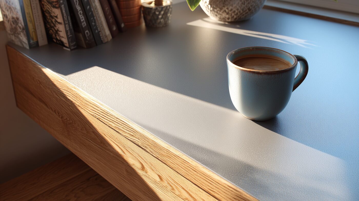 Schreibtisch mit Tischplatte aus Aluminiumblech natur.