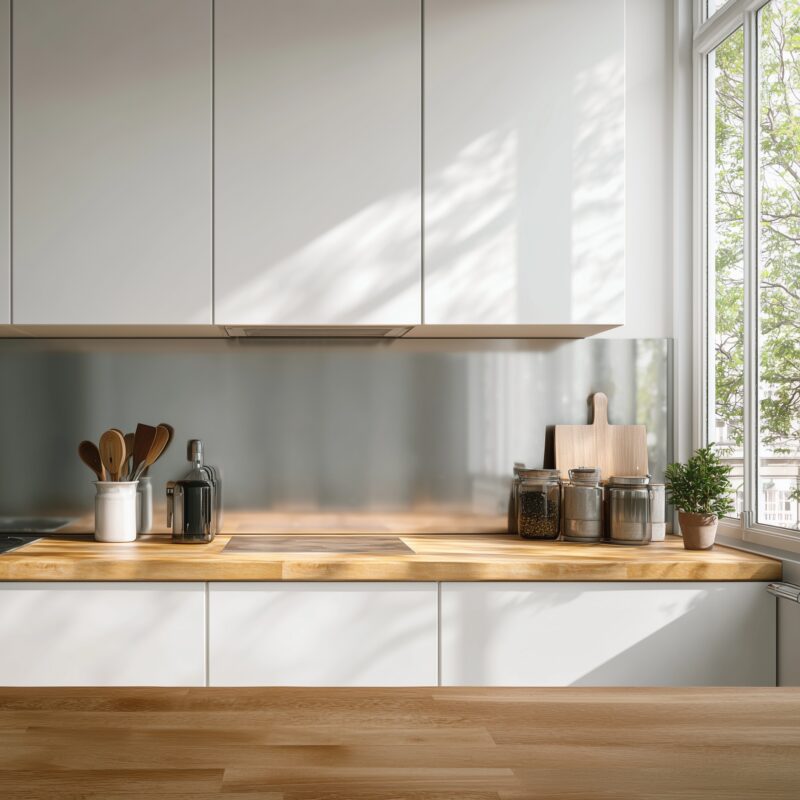 Küchenrückwand aus glattem Aluminiumblech natur.