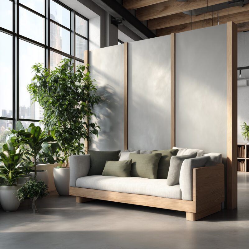 Loft-Raumtrenner aus glattem Aluminiumblech natur.