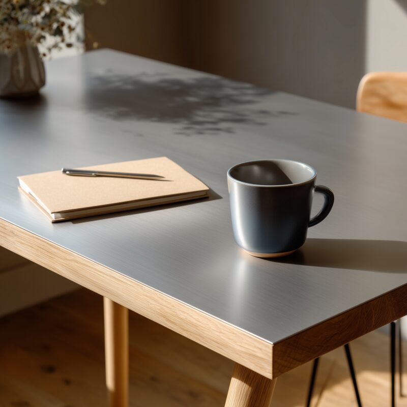Schreibtisch mit Tischplatte aus naturbelassenem Aluminiumblech.