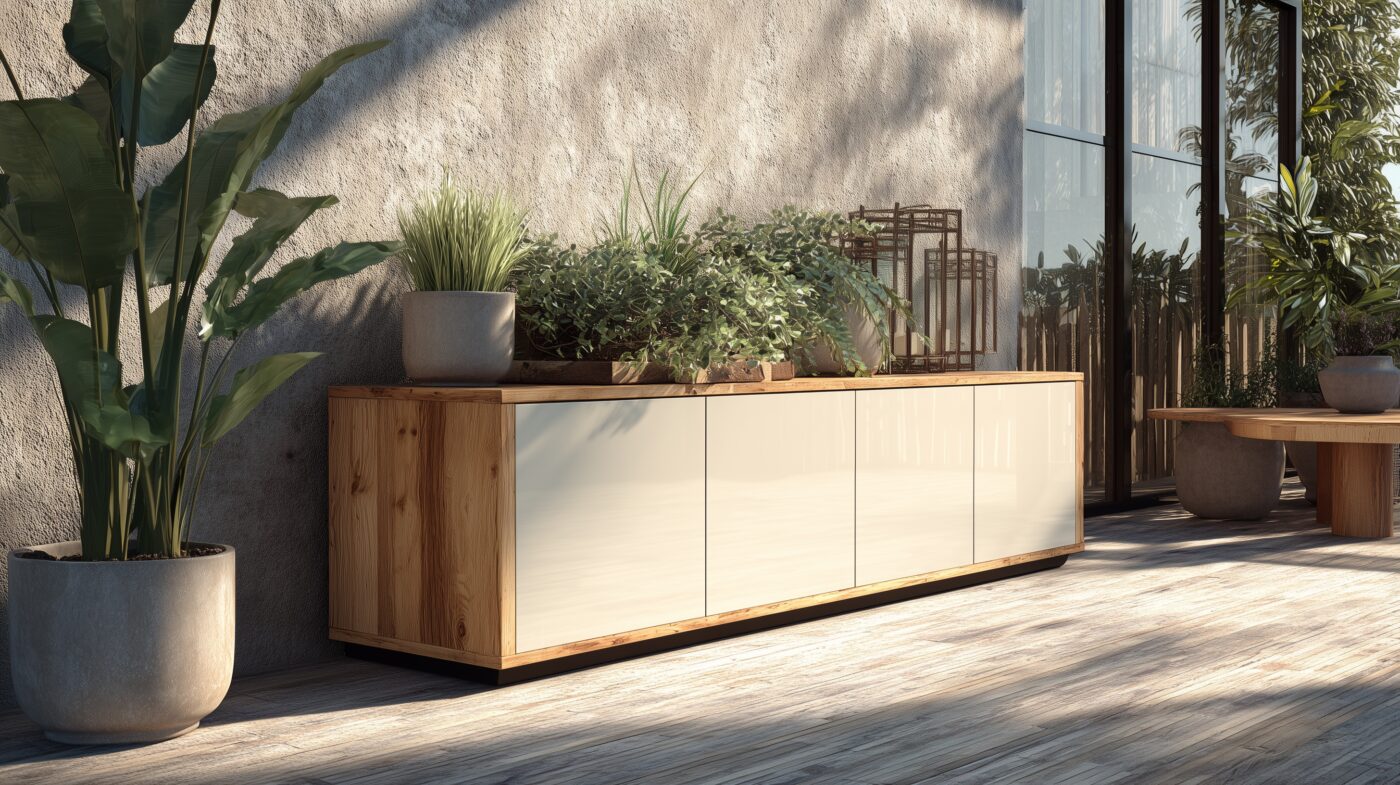 Outdoor-Sideboard mit Fronten aus Aluminiumblech natur.