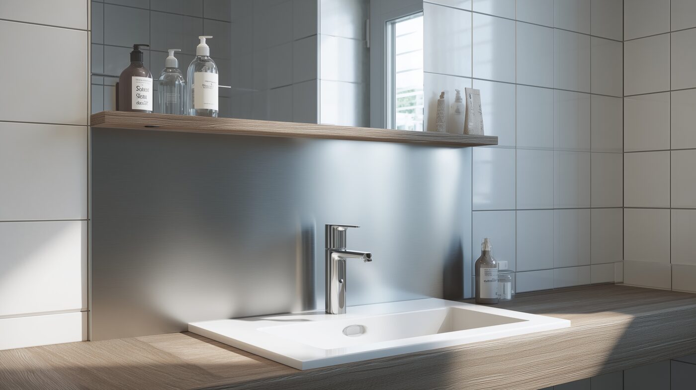 Badwand mit Spritzschutz aus naturbelassenem Aluminiumblech.