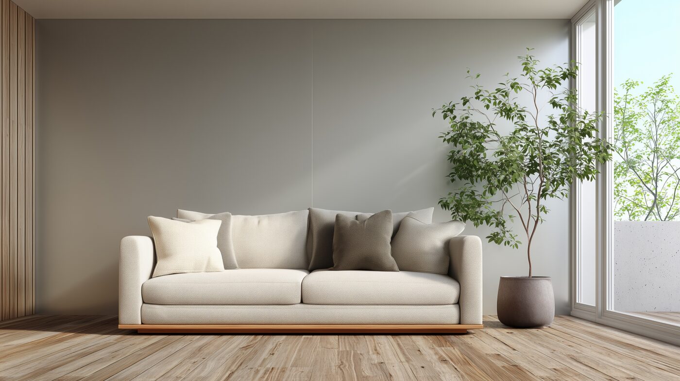 Wohnzimmerwand mit naturbelassenem Aluminium-Glattblech verkleidet.