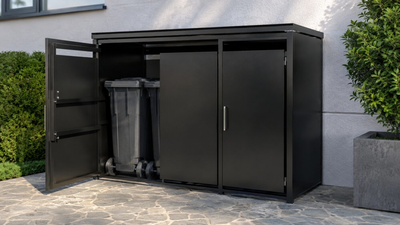 Ein Mülltonnenunterstand ist aus schwarzfarbigen Aluminium Farbblech gebaut.